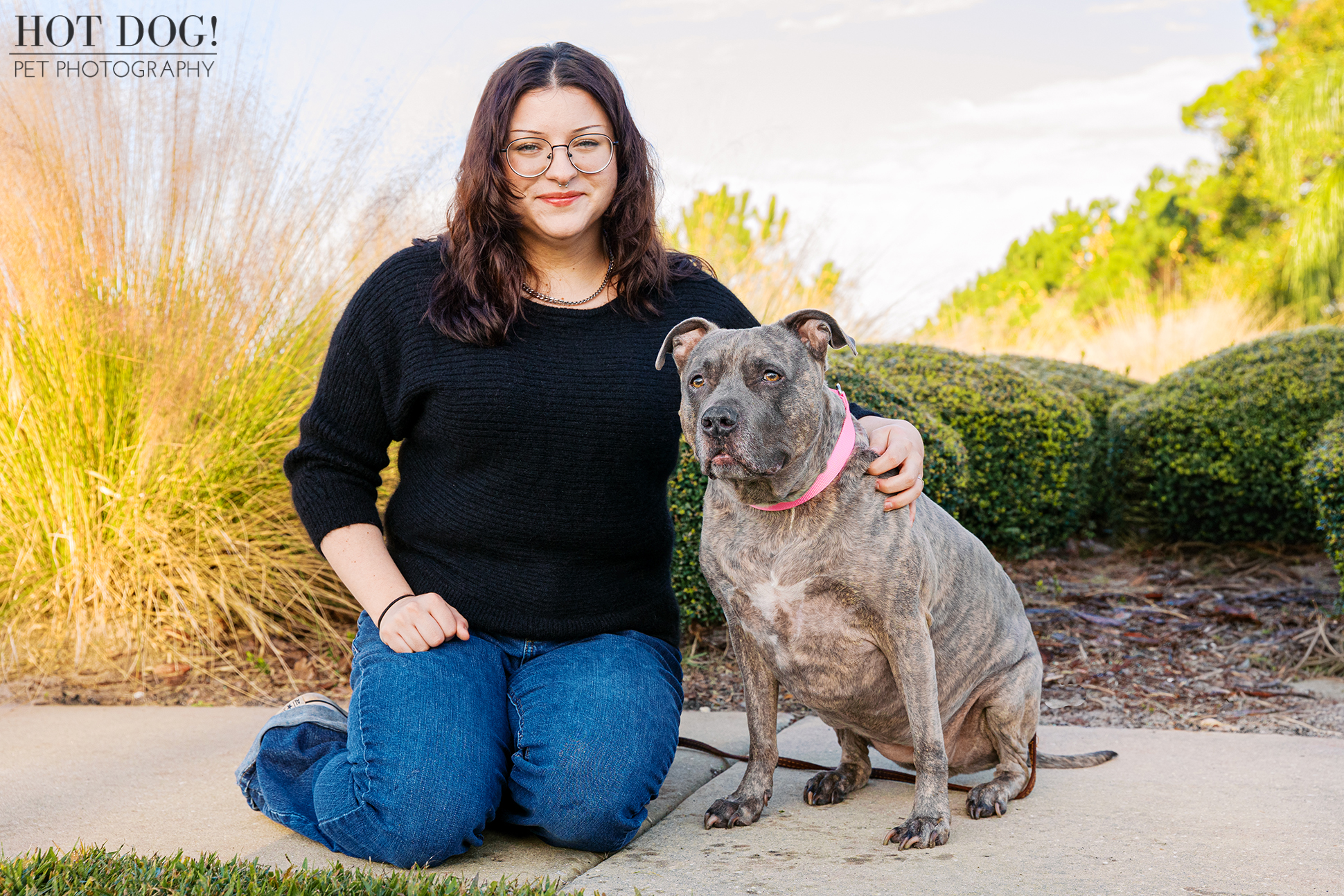 Woman kneels beside her gray pitbull on a sidewalk with greenery behind them during a pet photography session.