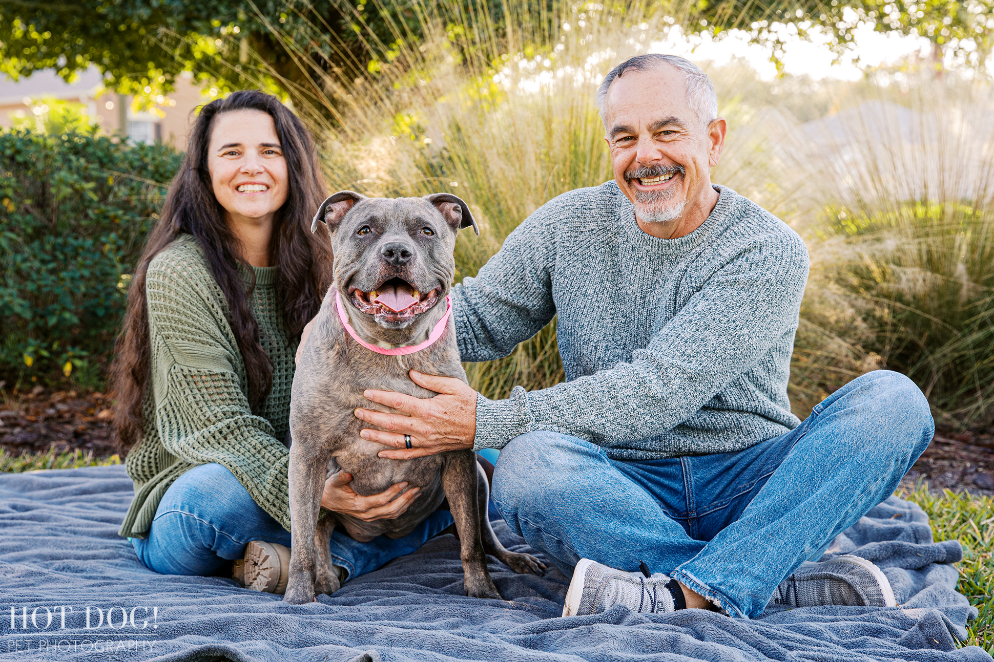 Couple sits on a blanket with their gray pitbull centered between them, smiling during a calm outdoor pet photography session.