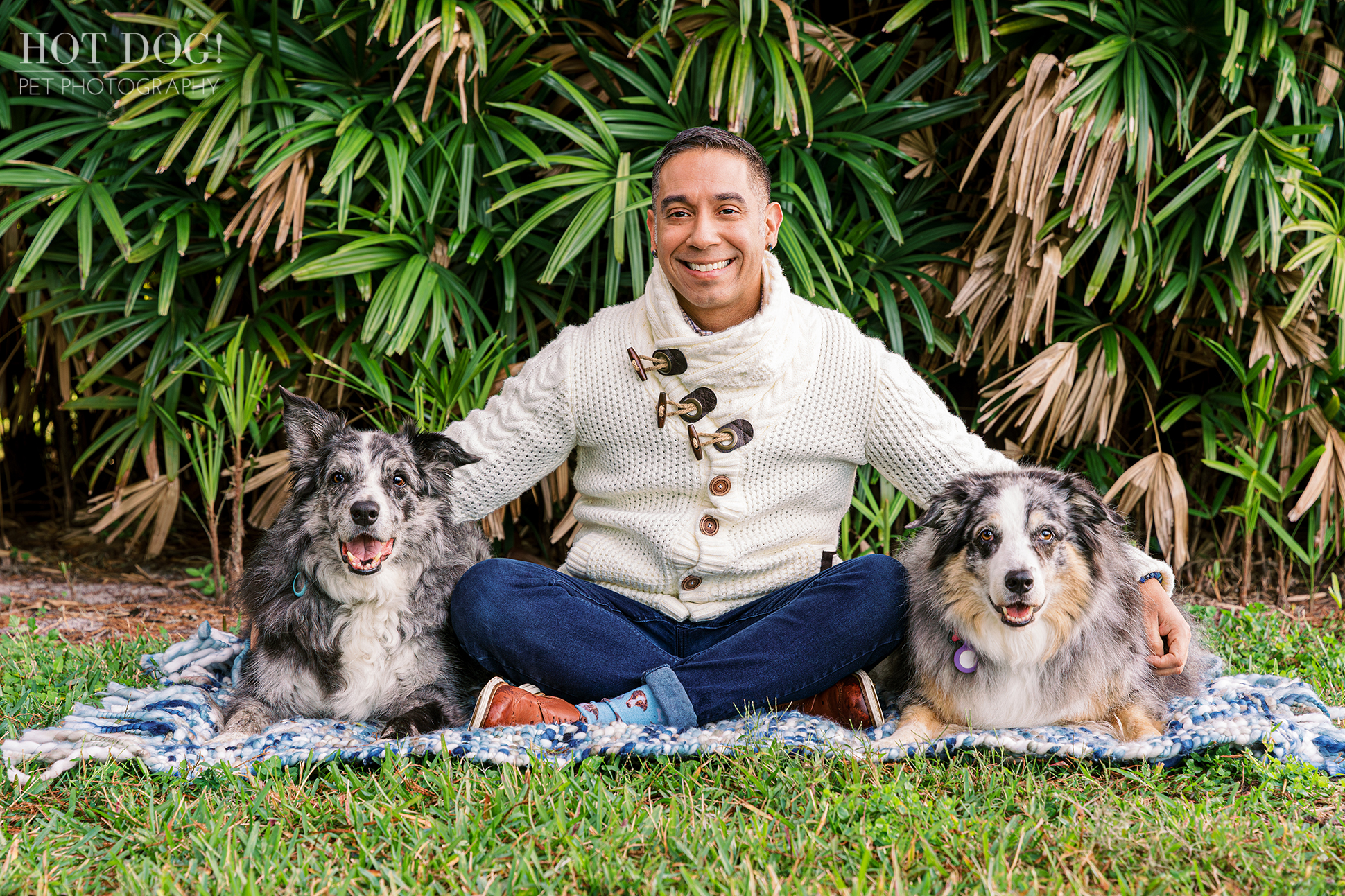 Portrait of Andres with his senior Border Collies, Allie and Flash.
