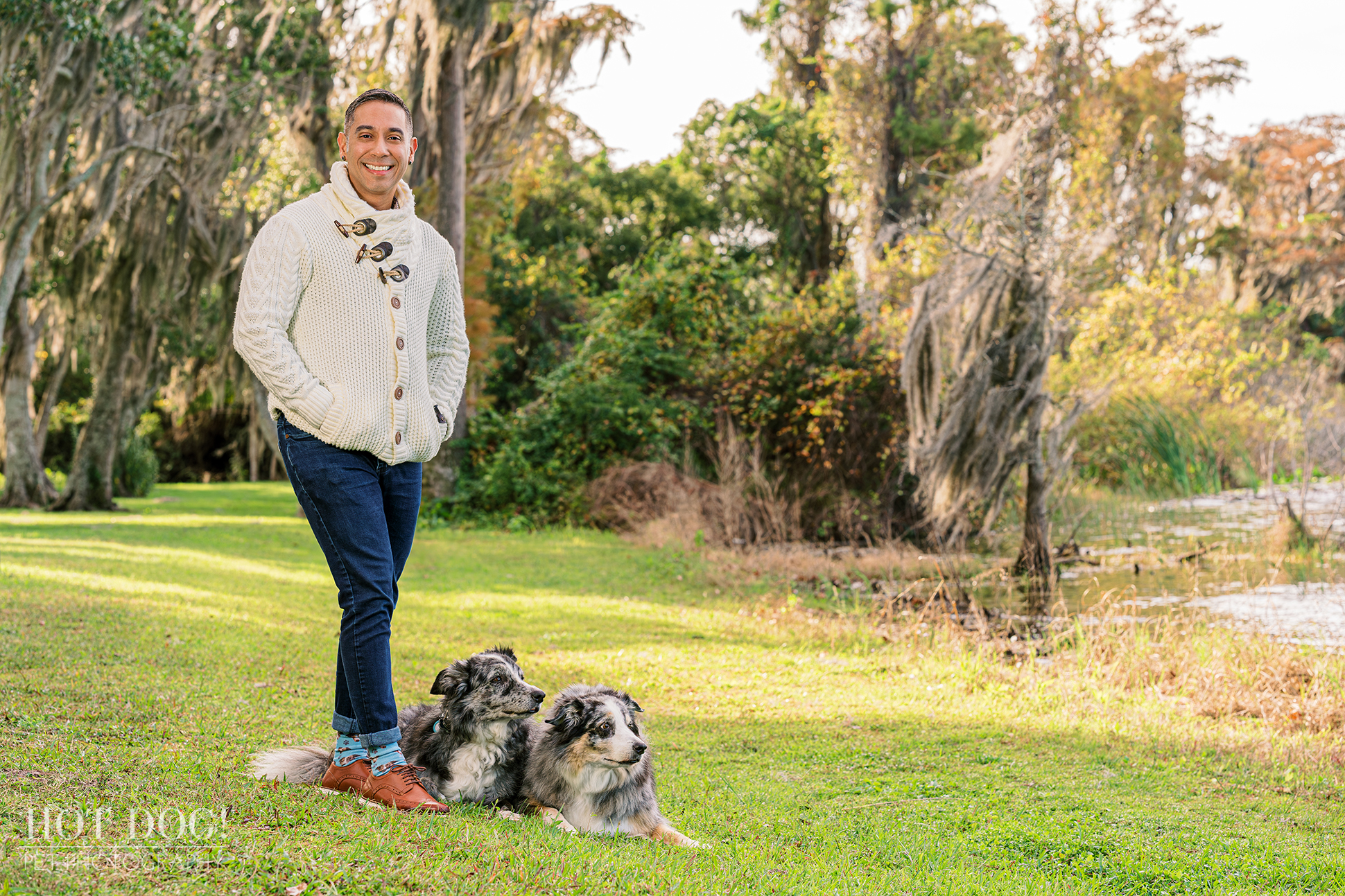 Andres and his furry companions, Allie and Flash, soaking up the sun.