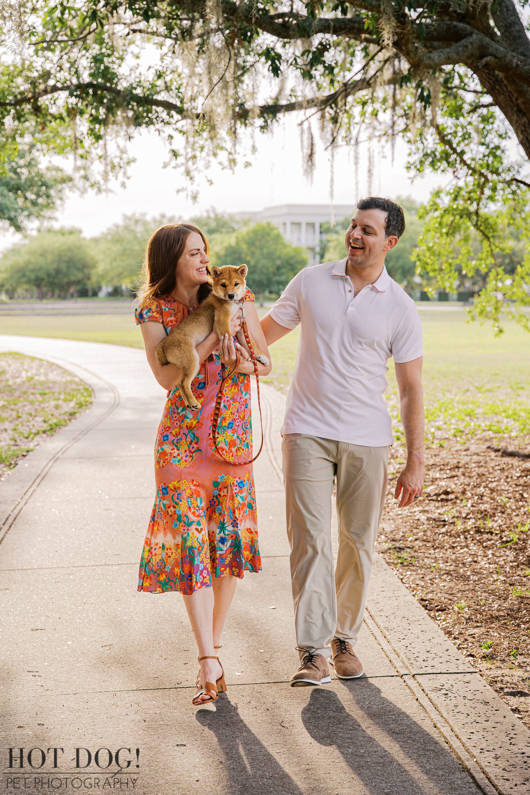 Alyssa carrying Auro as she and Mike walk together beneath Spanish moss during their Baldwin Park puppy photography session.