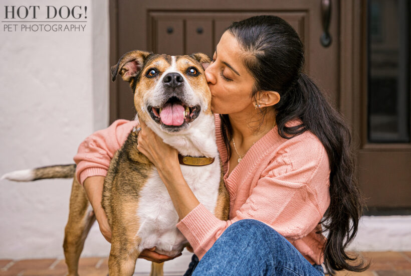A Boxer/Pit mix named Benji is kissed on the head by his mom Nita. Photo taken in Orlando, FL by Hot Dog! Pet Photography.