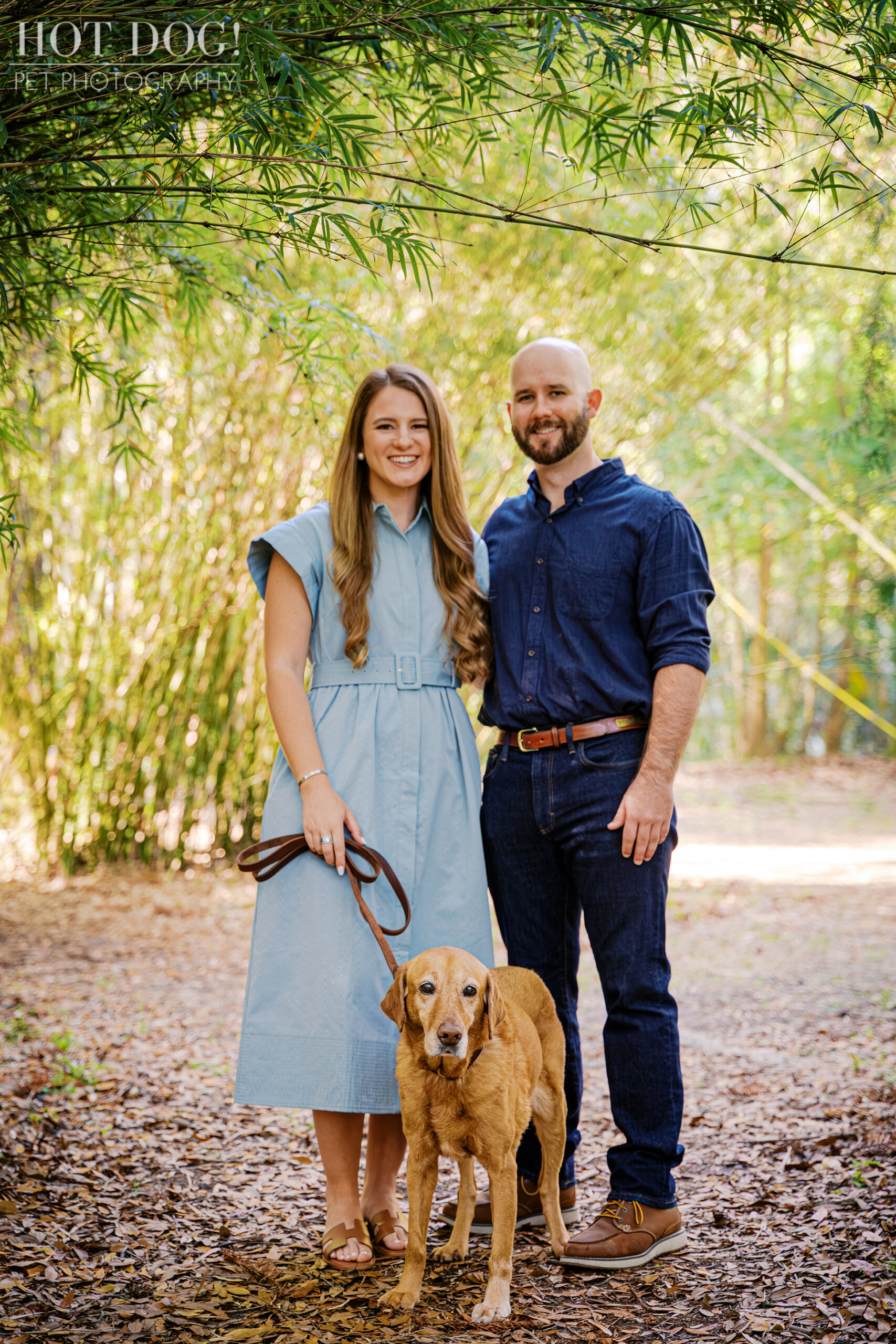 Chloe, Bryson, and their senior red Labrador Retriever Dixie pose together along a wooded path at Kanapaha Botanical Gardens in Gainesville, Florida.