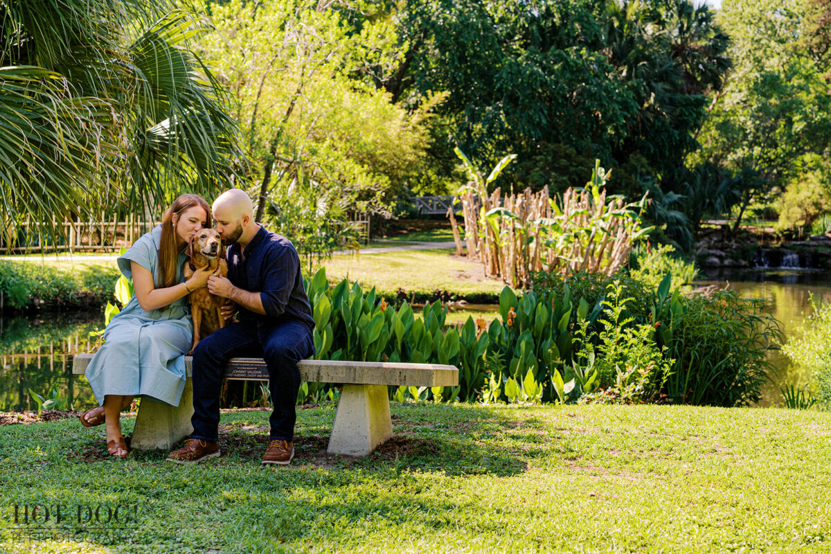 Chloe and Bryson share a quiet moment with Dixie on a garden bench during their Cherished Companion session at Kanapaha Botanical Gardens.