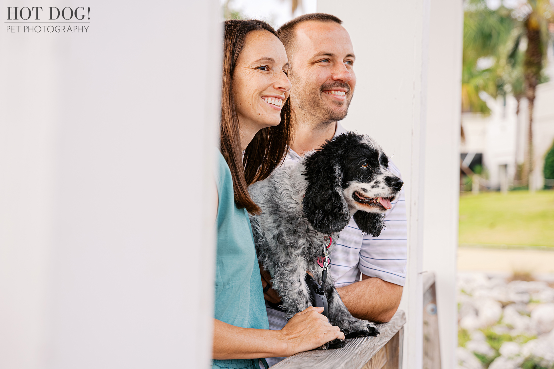 Tiffany and Rob with their senior cocker spaniel Ella posing together at Harbor Park in Baldwin Park during a family pet photography session.