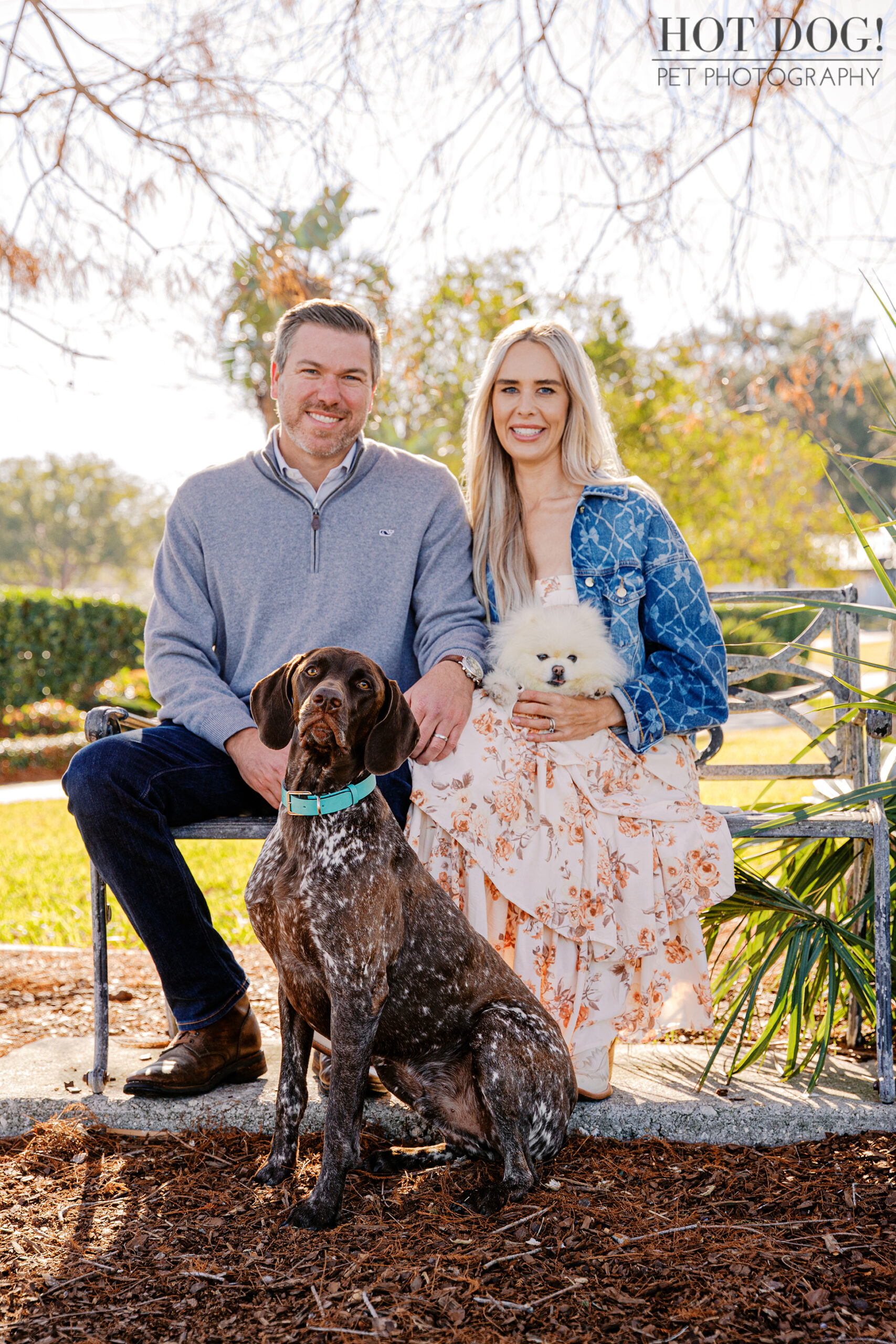 Couple sitting on a park bench with their German Shorthaired Pointer Enzo during a pet photography session at Newton Park in Winter Garden.