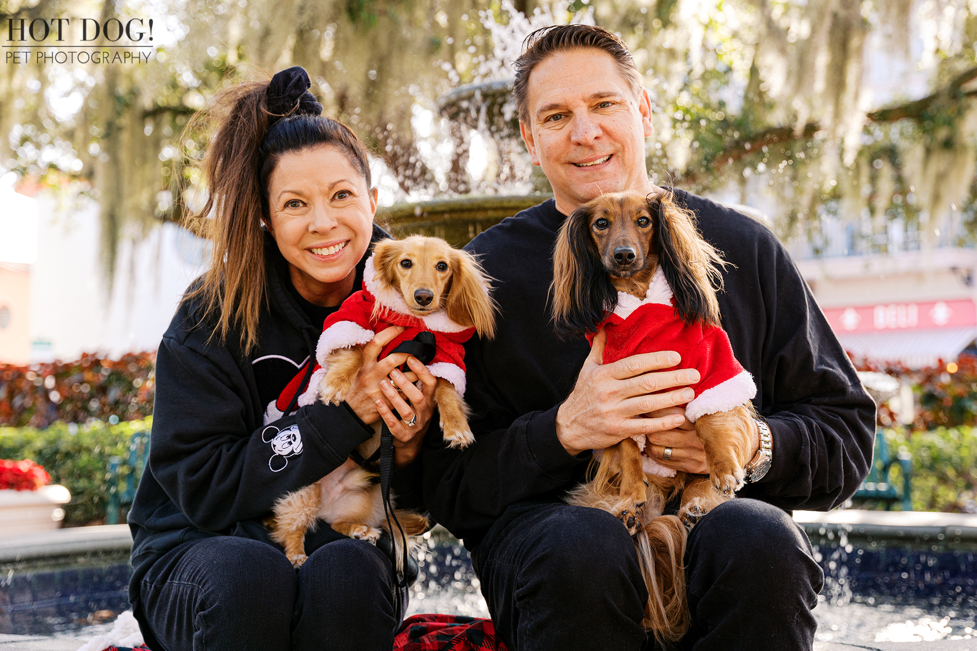 Goose and Maverick, two miniature dachshunds in Santa outfits, sitting with their owners in front of a fountain during a holiday photo session.