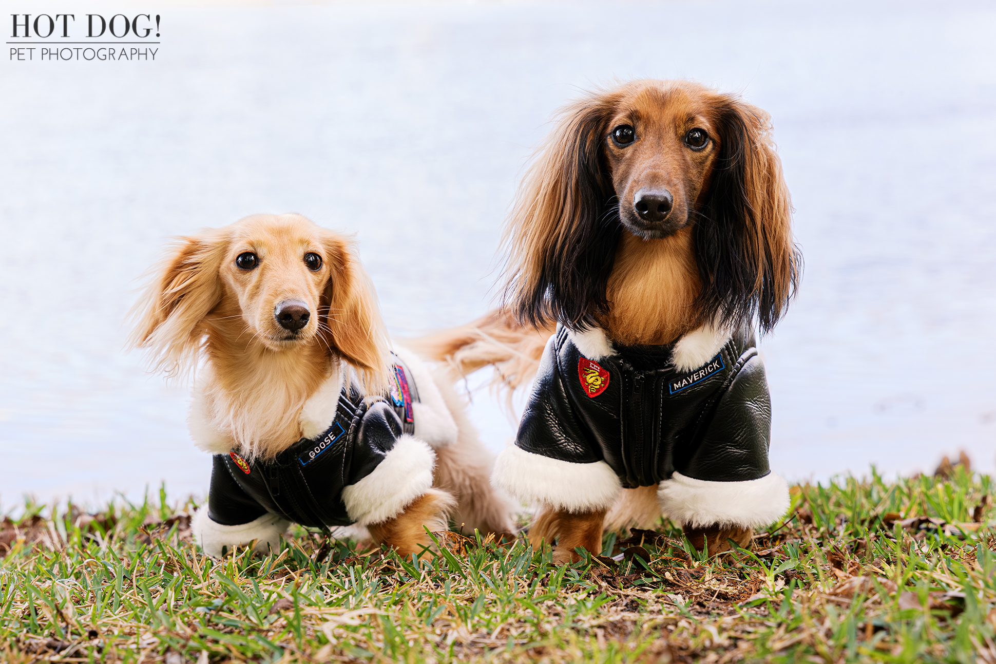 Goose and Maverick wearing black flight jackets standing side by side on grass near the water.