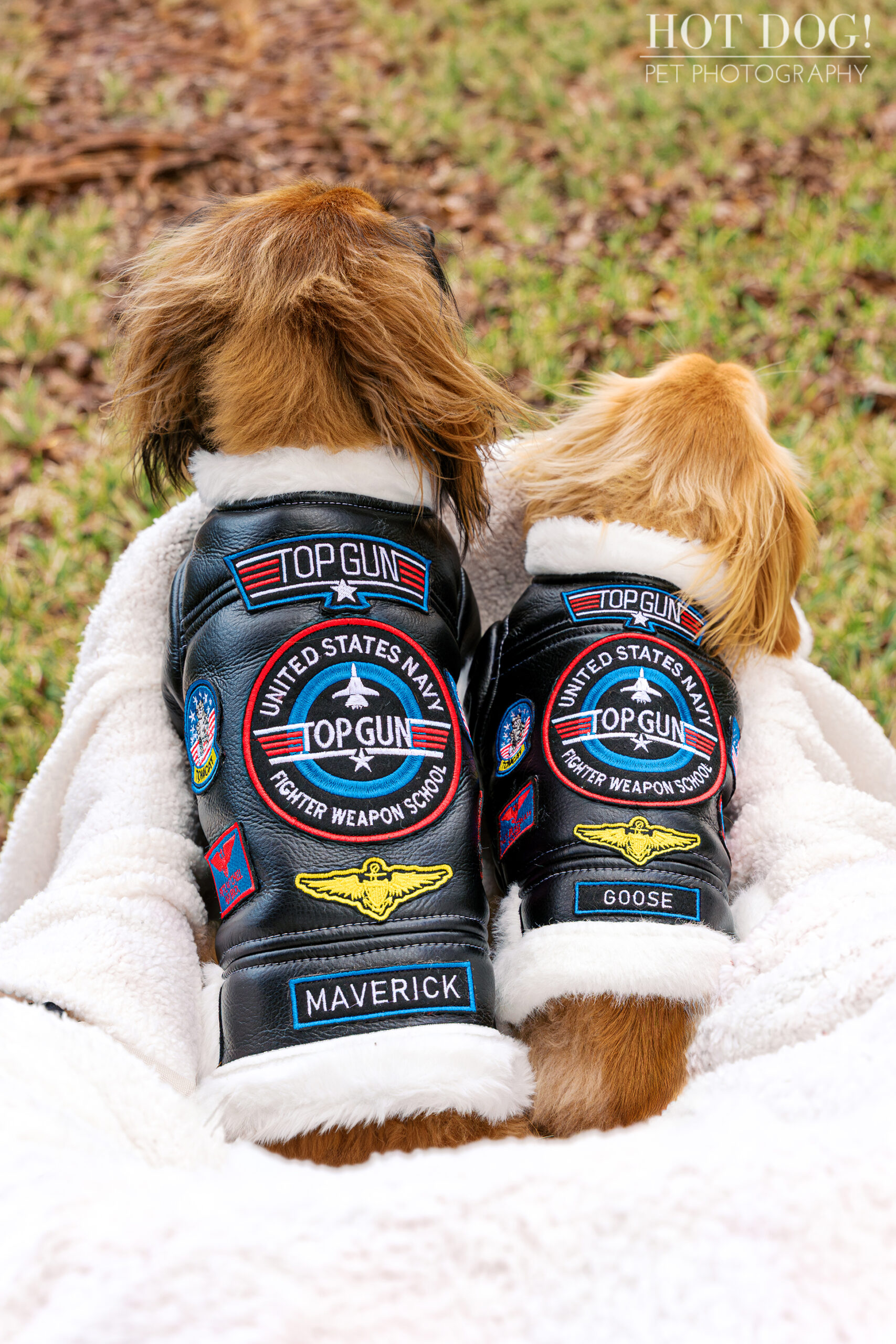 Rear view of Goose and Maverick wearing matching black flight jackets with name patches and embroidered logos.