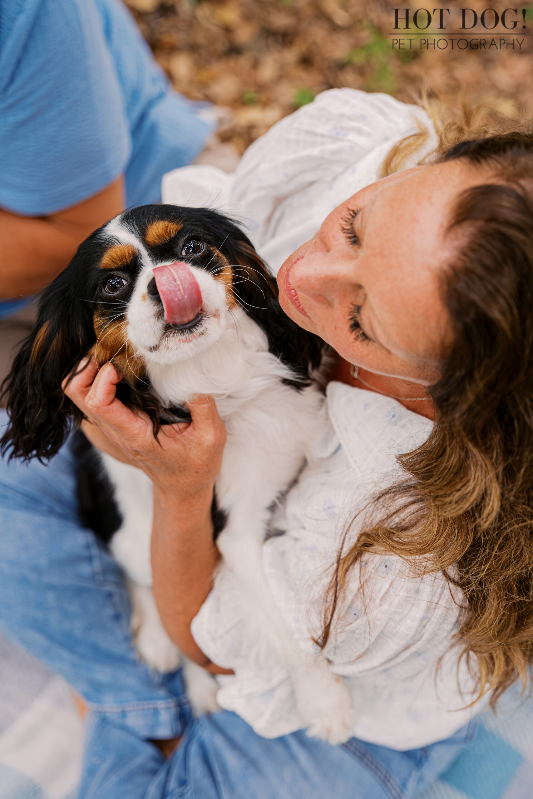 Tonia cuddling tricolor Cavalier King Charles Spaniel Jerzee during a playful, candid moment at their Central Florida pet photography session.