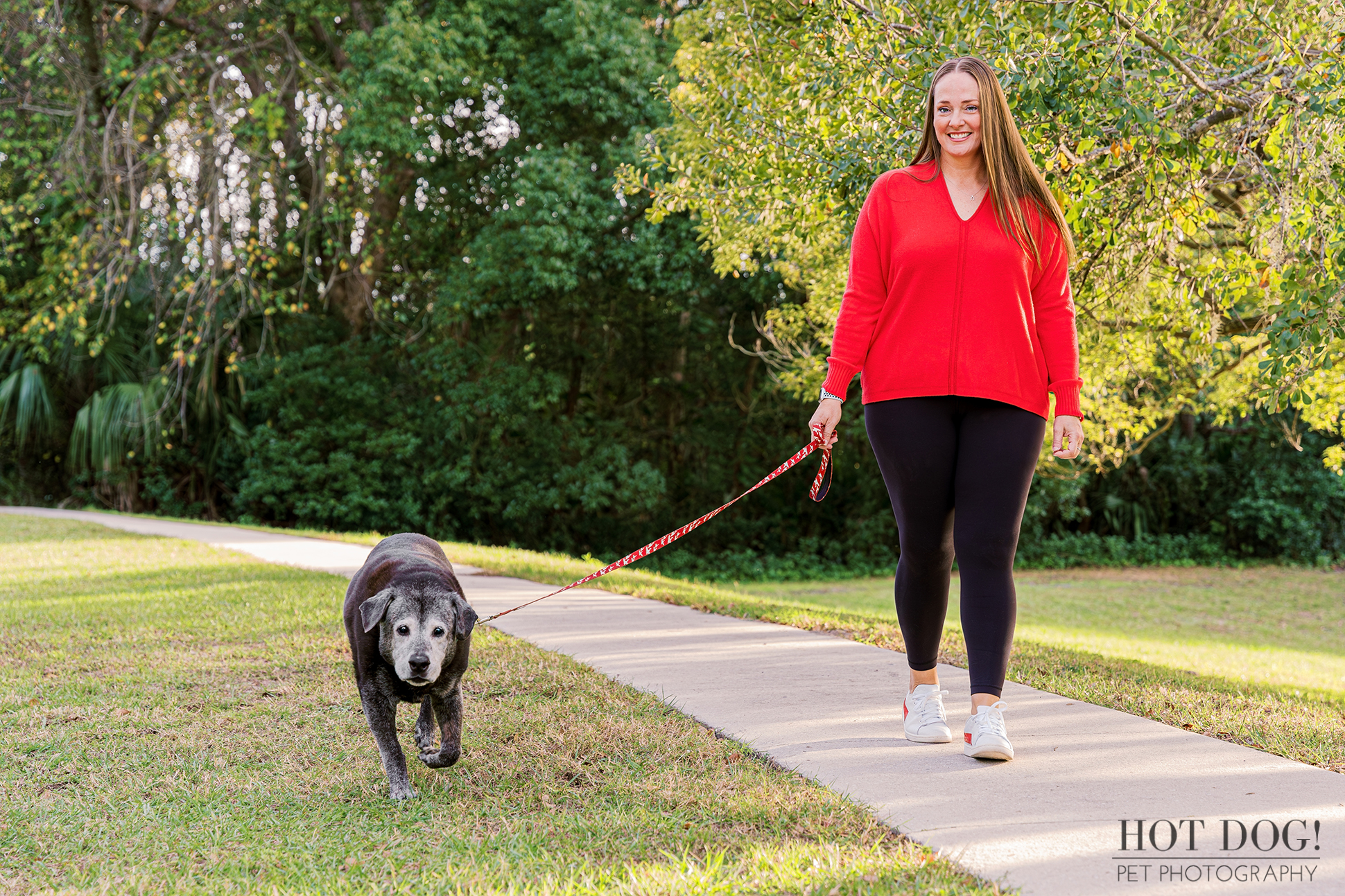 Lambeau leads the way on a leisurely walk with his mom, captured by Hot Dog! Pet Photography.