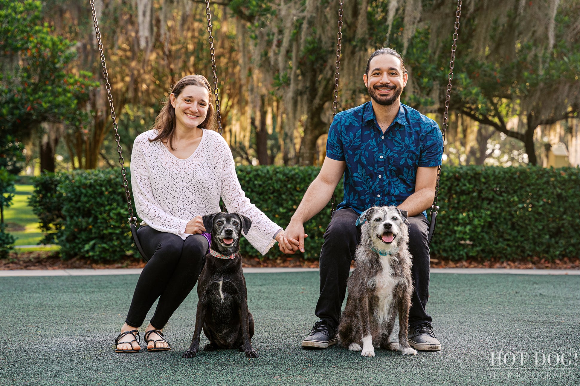 Lauren and Juan sit together on swings, holding hands with their rescue dogs Lila and Lana sitting between them at Cypress Grove Park in Orlando.