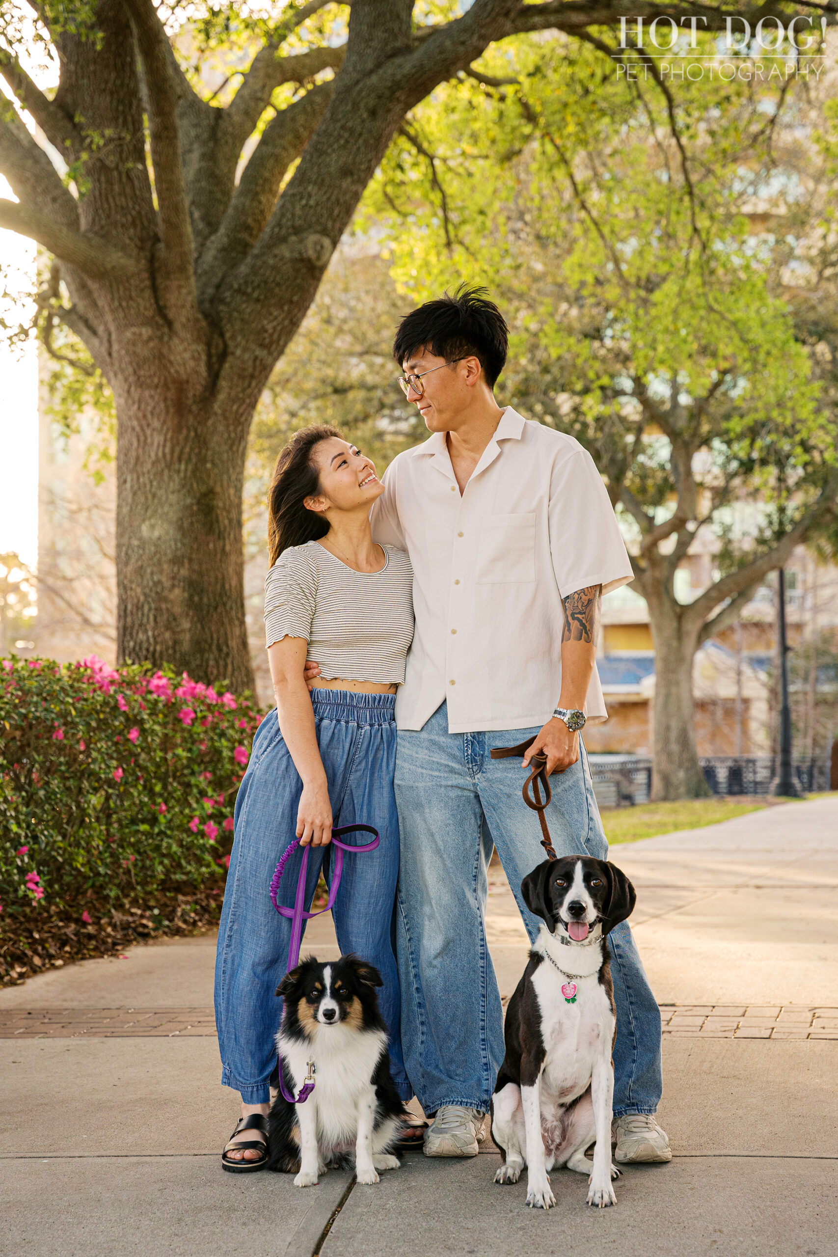 Couple standing together with their two dogs under trees at Cranes Roost Park during an outdoor pet photography session.