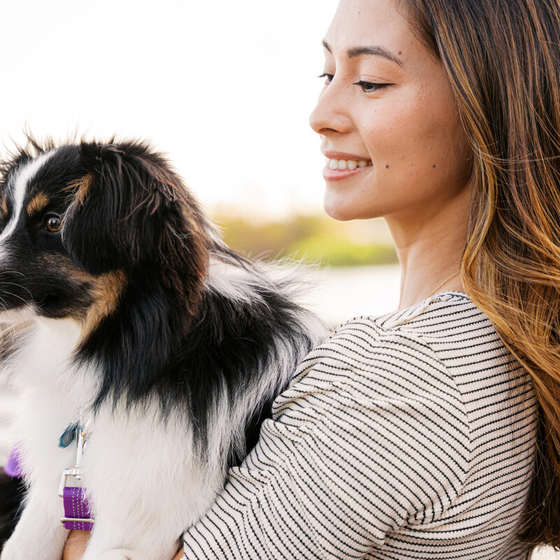 Woman holding a Mini Australian Shepherd mix dog by the water at Cranes Roost Park during a golden hour pet photography session.
