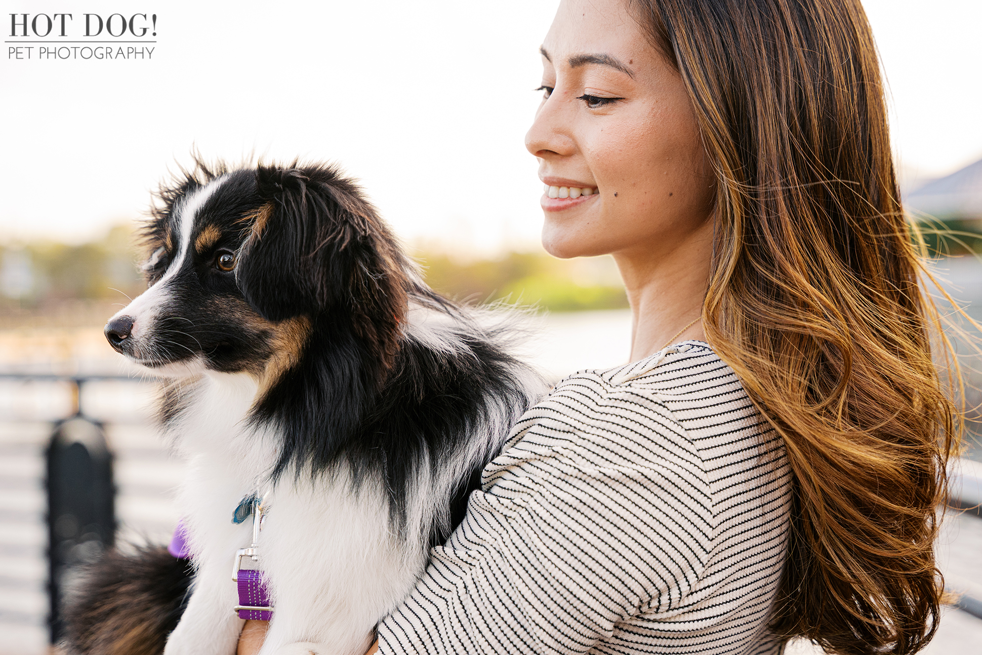 Woman holding a Mini Australian Shepherd mix dog by the water at Cranes Roost Park during a golden hour pet photography session.