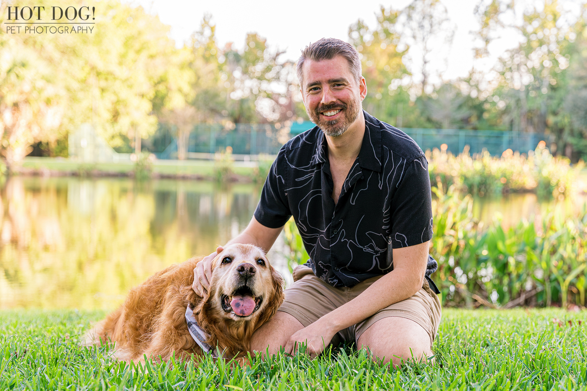 Golden Years Glow: Bathed in the warmth of the Florida sun, senior golden retriever Osho and his dad share a tender embrace in Celebration Town Square. (Photo by Hot Dog! Pet Photography)