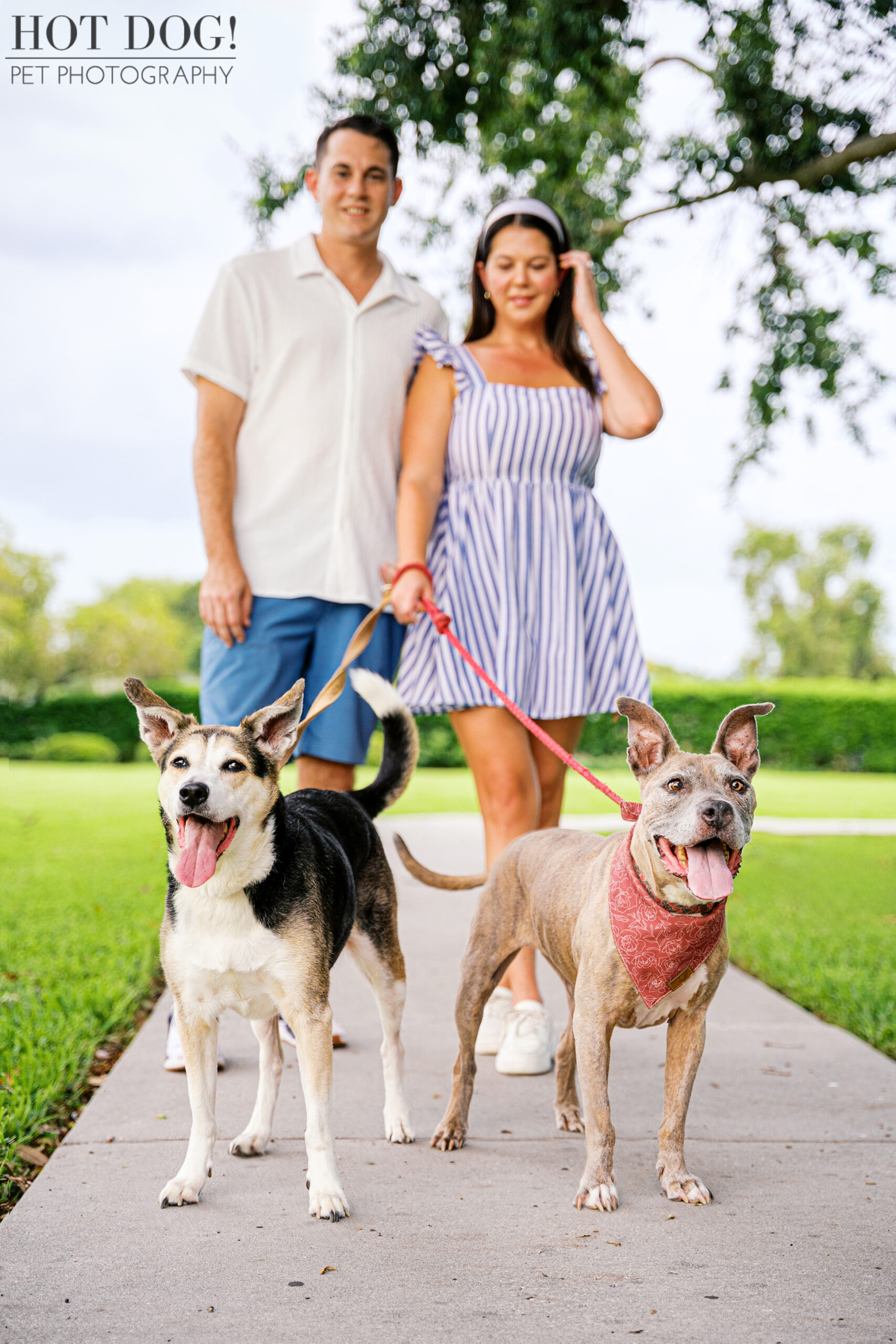 Rosie and Emmy standing side by side on a park sidewalk in front of Brandon and Tara.