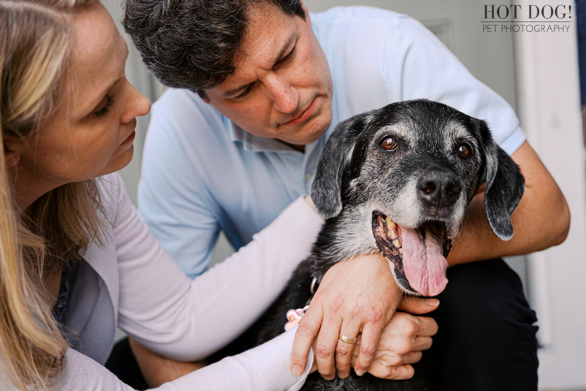 Lauren and Peter sitting close with Sadie, sharing a tender moment during an in-home senior dog photography session.
