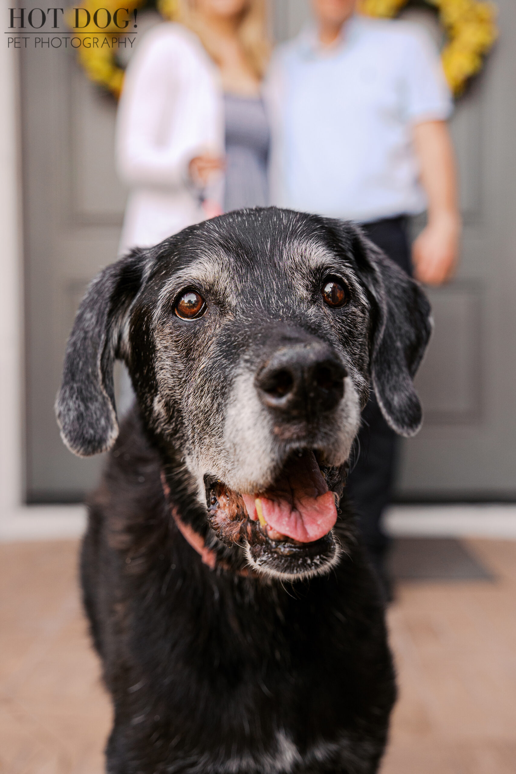 Portrait of Sadie at the front door of her Lake Mary home with Lauren and Peter softly blurred in the background.