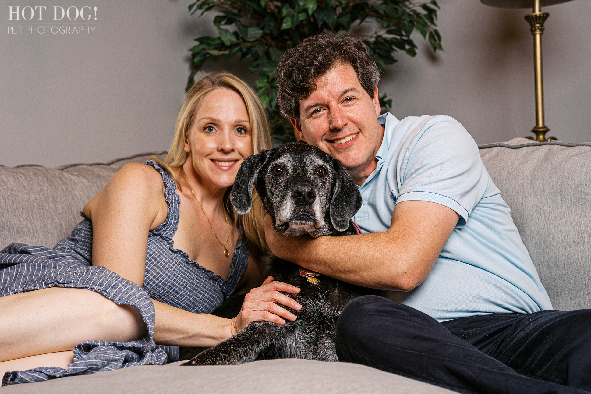 Lauren and Peter leaning in close with Sadie on the couch during an intimate in-home senior dog photography session.