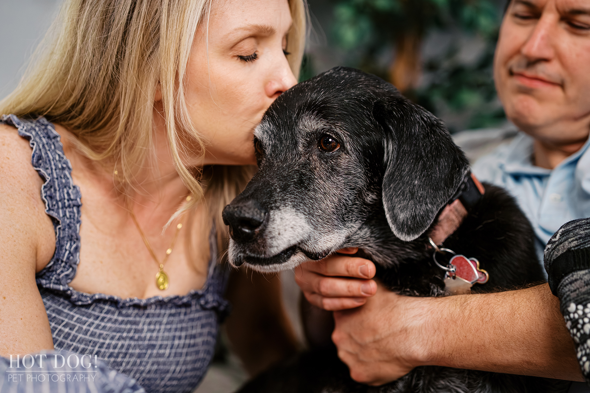 Lauren kissing Sadie while Peter looks on, capturing a quiet, emotional moment during an in-home Lake Mary pet photography session.