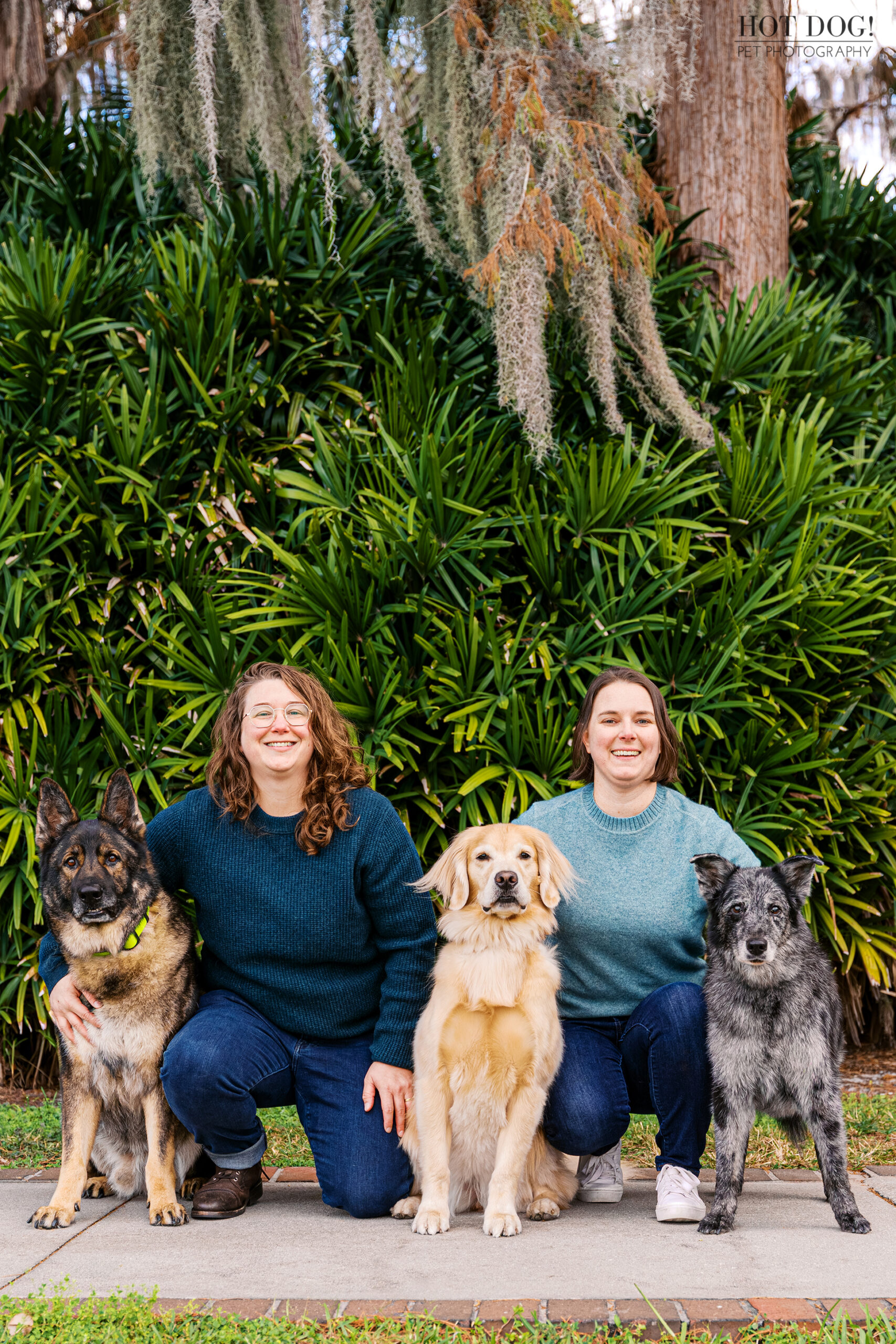 Lindsay and Aimee posing with their three dogs in front of lush greenery at Cypress Grove Park pet photography session.