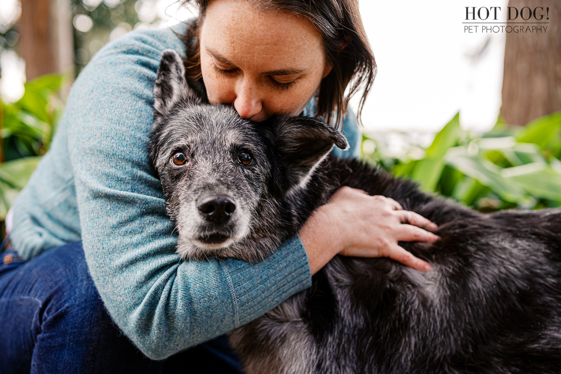 Aimee hugging Sadie, her 15-year-old merle Aussie mix, during their pet photography session at Cypress Grove Park in Orlando.