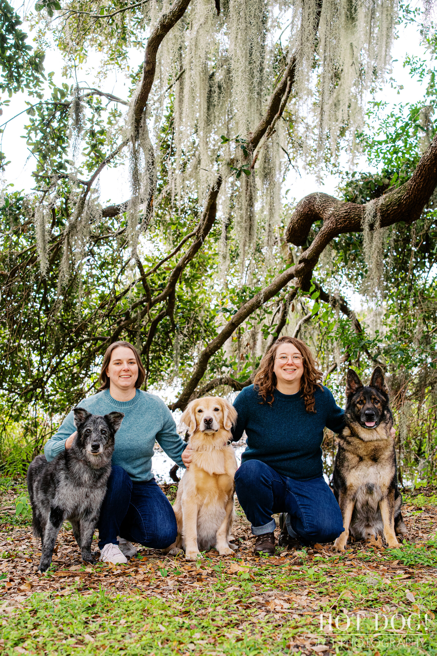 Lindsay and Aimee kneeling with Sadie, Korra, and Appa beneath oak trees draped in Spanish moss at Cypress Grove Park.