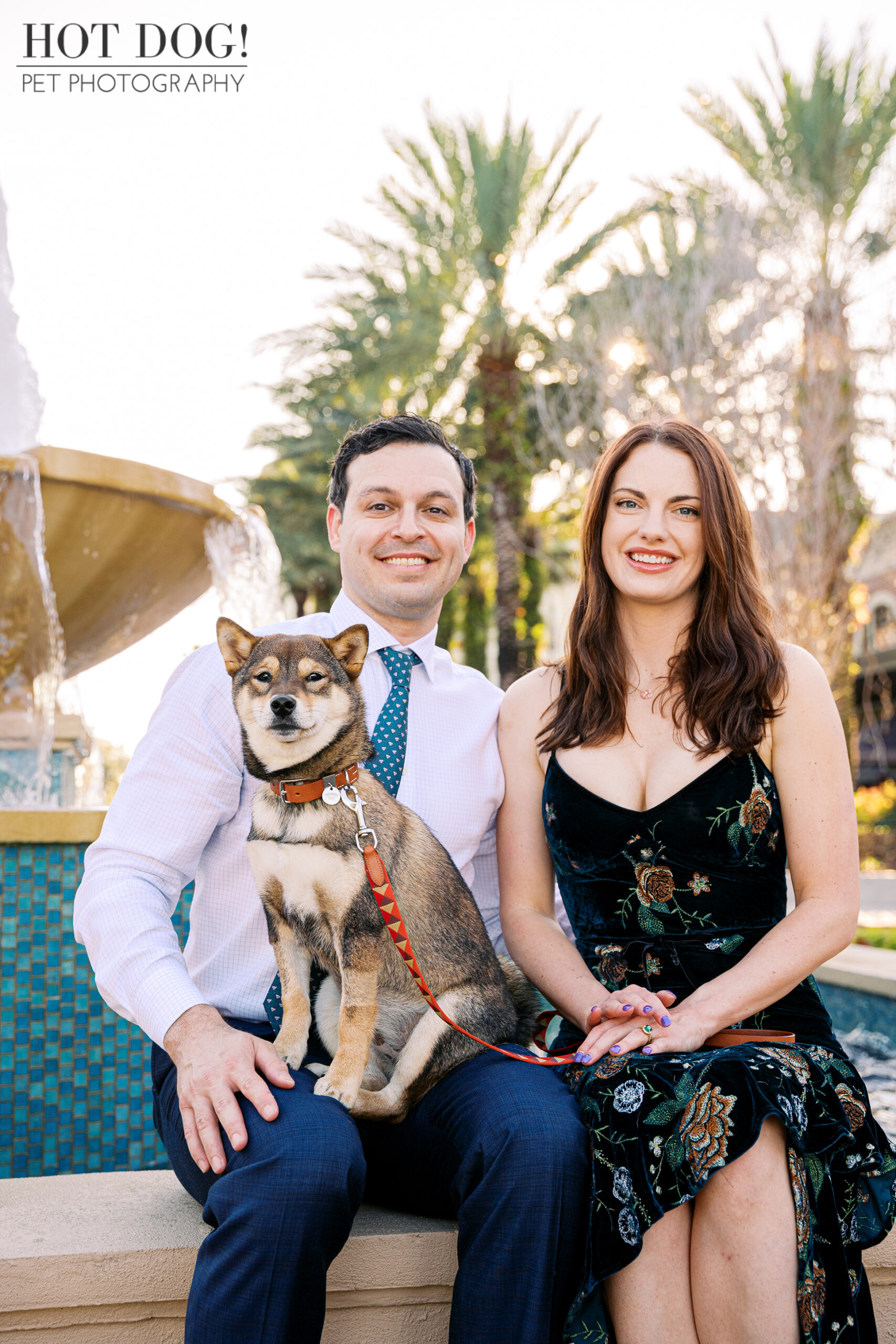 Couple sitting together with their sesame Shiba Inu puppy in front of a fountain, photographed in a park during golden hour.