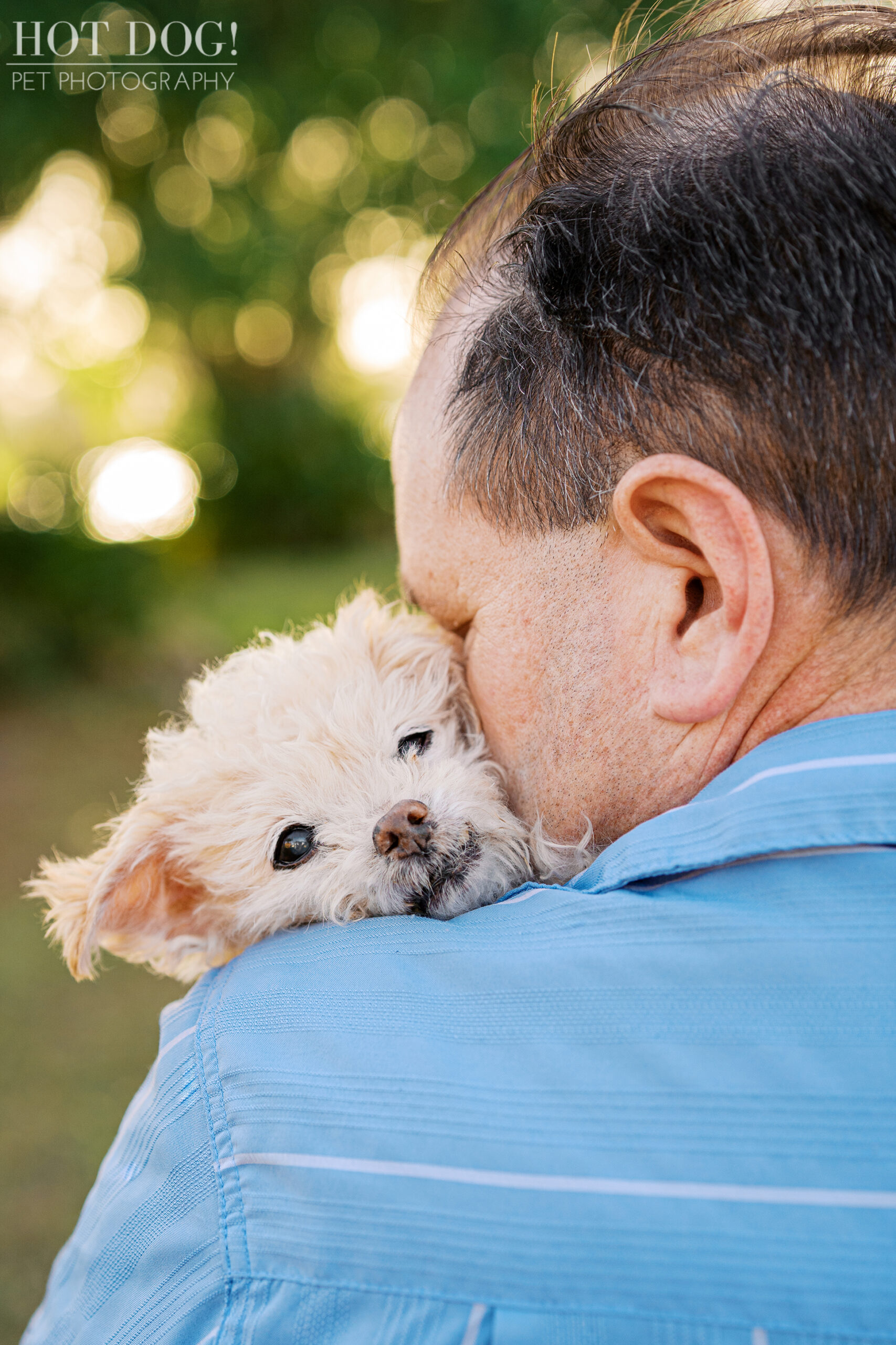 Close-up of father holding his elderly cream-colored Jack Russell Terrier against his shoulder during an emotional pet photography session.
