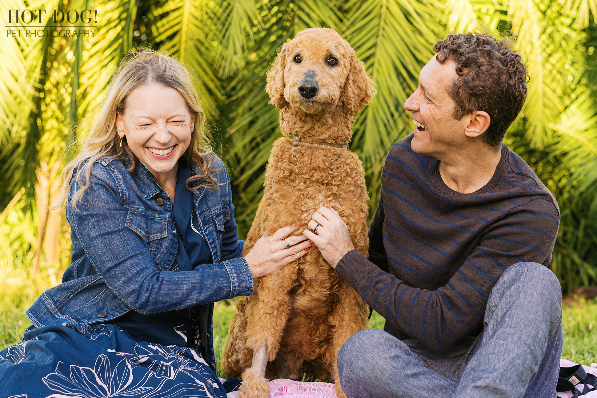 Jen and Cory laughing while sitting on a blanket with Wizard between them, his expression calm as they both pet him in front of lush greenery.