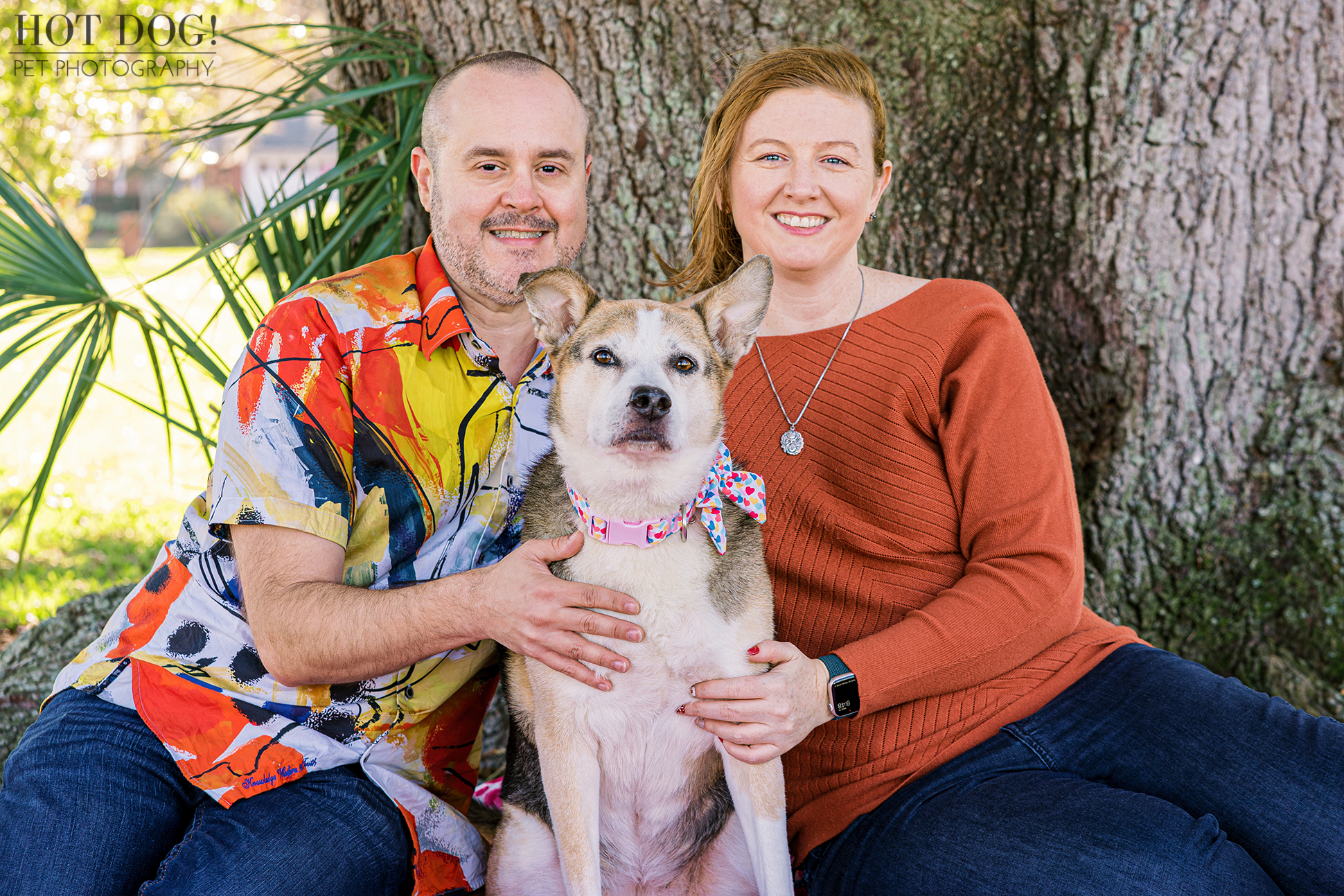 Cozy snuggles! Zoe cuddles close to her humans under a sprawling oak tree in Newton Park. (Photo by Hot Dog! Pet Photography)